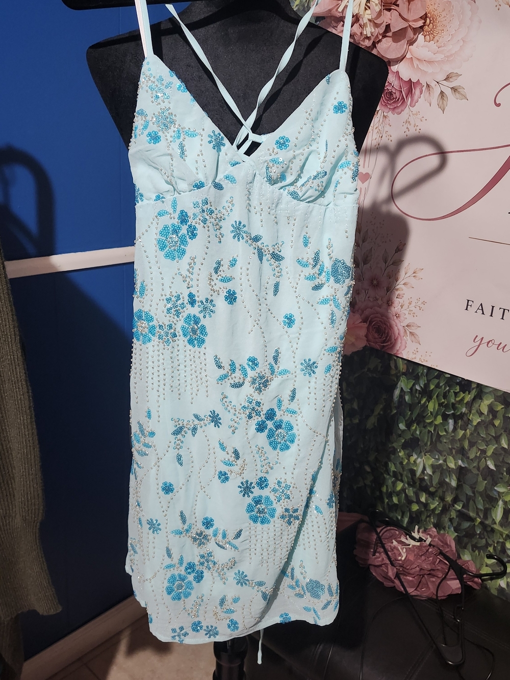 Lulus Embellished Light Blue Floral Slip Dress